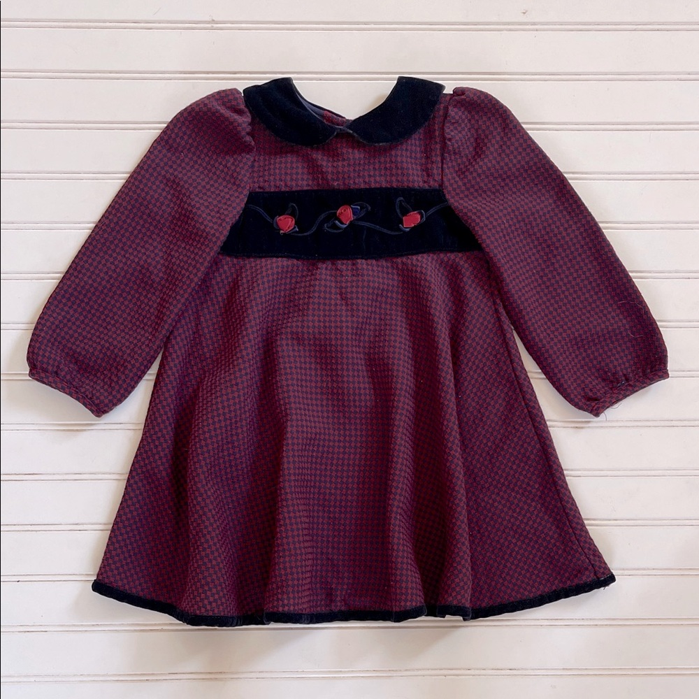 VINTAGE 80s Houndstooth Velour Rose Ribbon Peter Pan Collar Dress